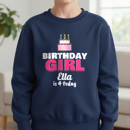 Kids Personalised Birthday Girl T-Shirt Sweatshirt in Navy, worn, our photo