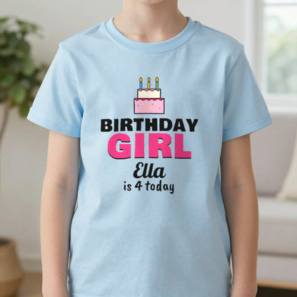 Kids Personalised Birthday Girl T-Shirt T-Shirt in Light Blue, worn, our photo