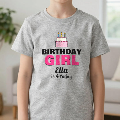 Kids Personalised Birthday Girl T-Shirt T-Shirt in Sport Grey, worn, our photo