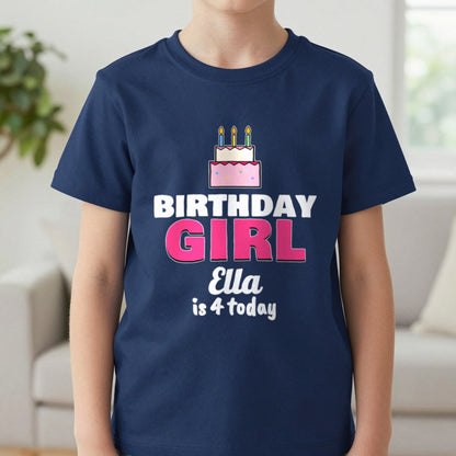 Kids Personalised Birthday Girl T-Shirt T-Shirt in Navy, worn, our photo