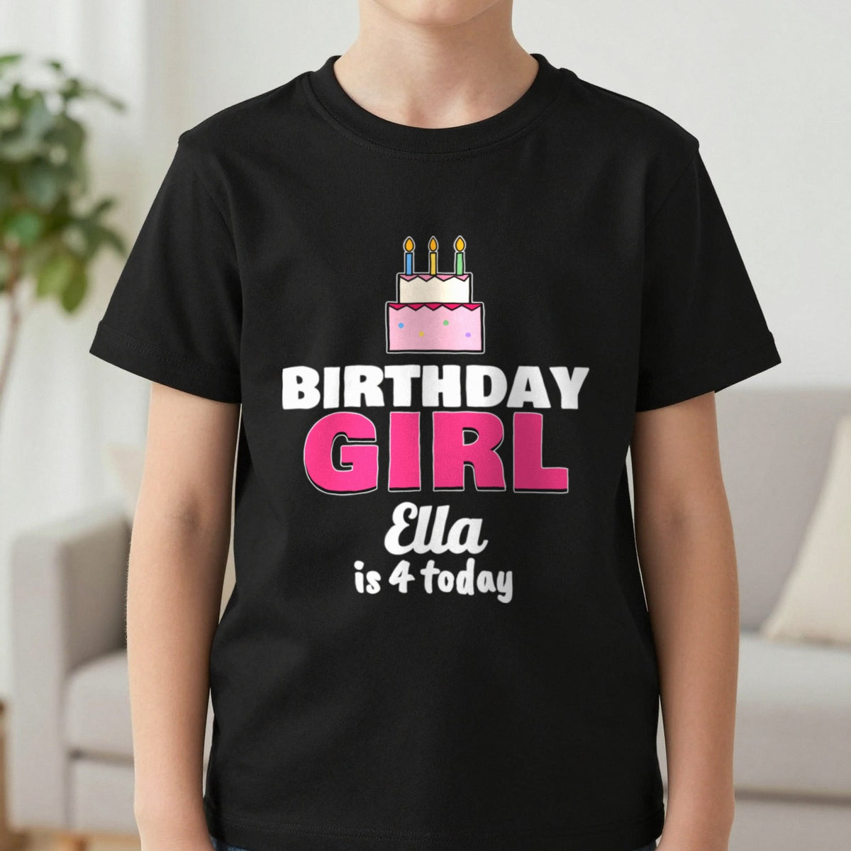 Kids Personalised Birthday Girl T-Shirt T-Shirt in Black, worn, our photo