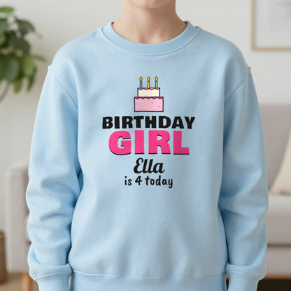 Kids Personalised Birthday Girl T-Shirt Sweatshirt in Light Blue, worn, our photo