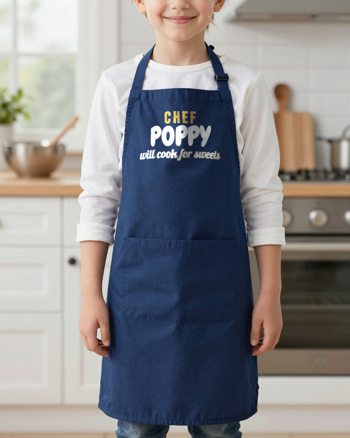 Kids Chef Name Will Cook For Sweets kids apron in Navy, worn, our photo