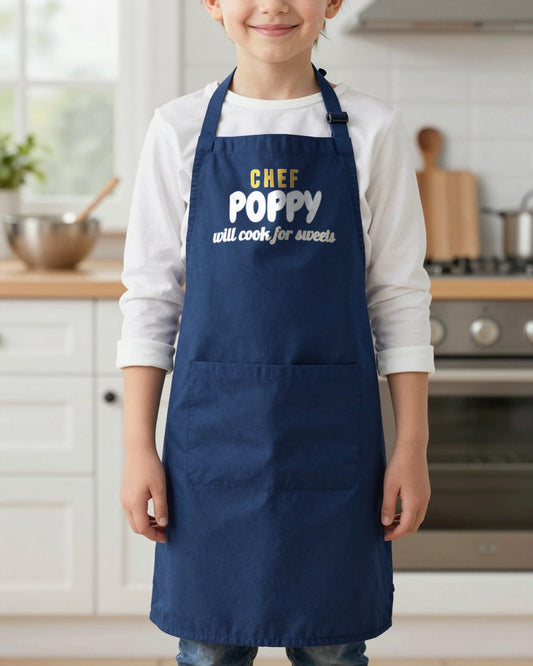 Kids Chef Name Will Cook For Sweets kids apron in Navy, worn, our photo