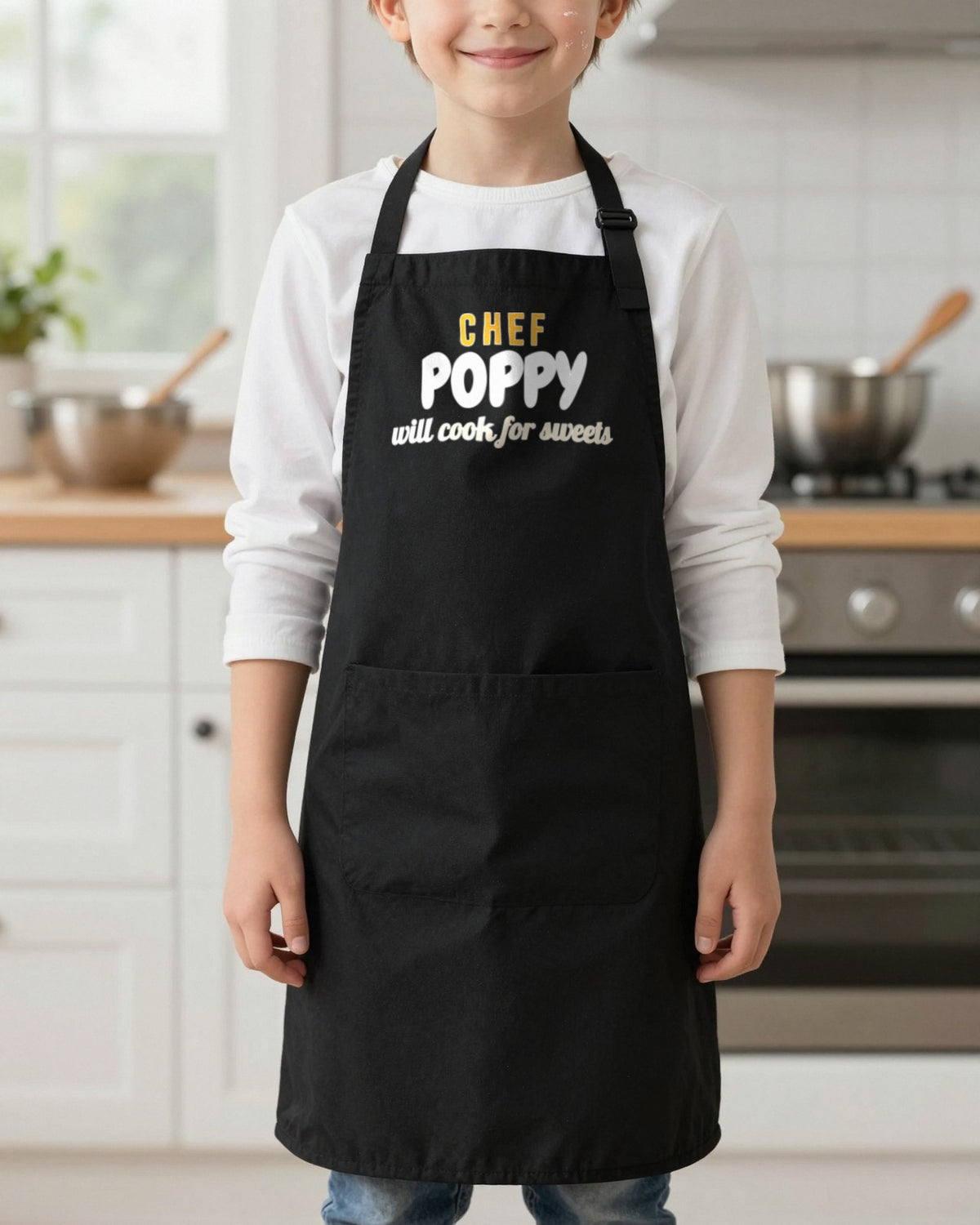 Kids Chef Name Will Cook For Sweets kids apron in Black, worn, our photo
