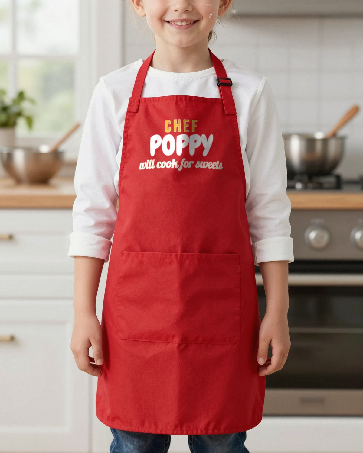 Kids Chef Name Will Cook For Sweets kids apron in Red, worn, our photo
