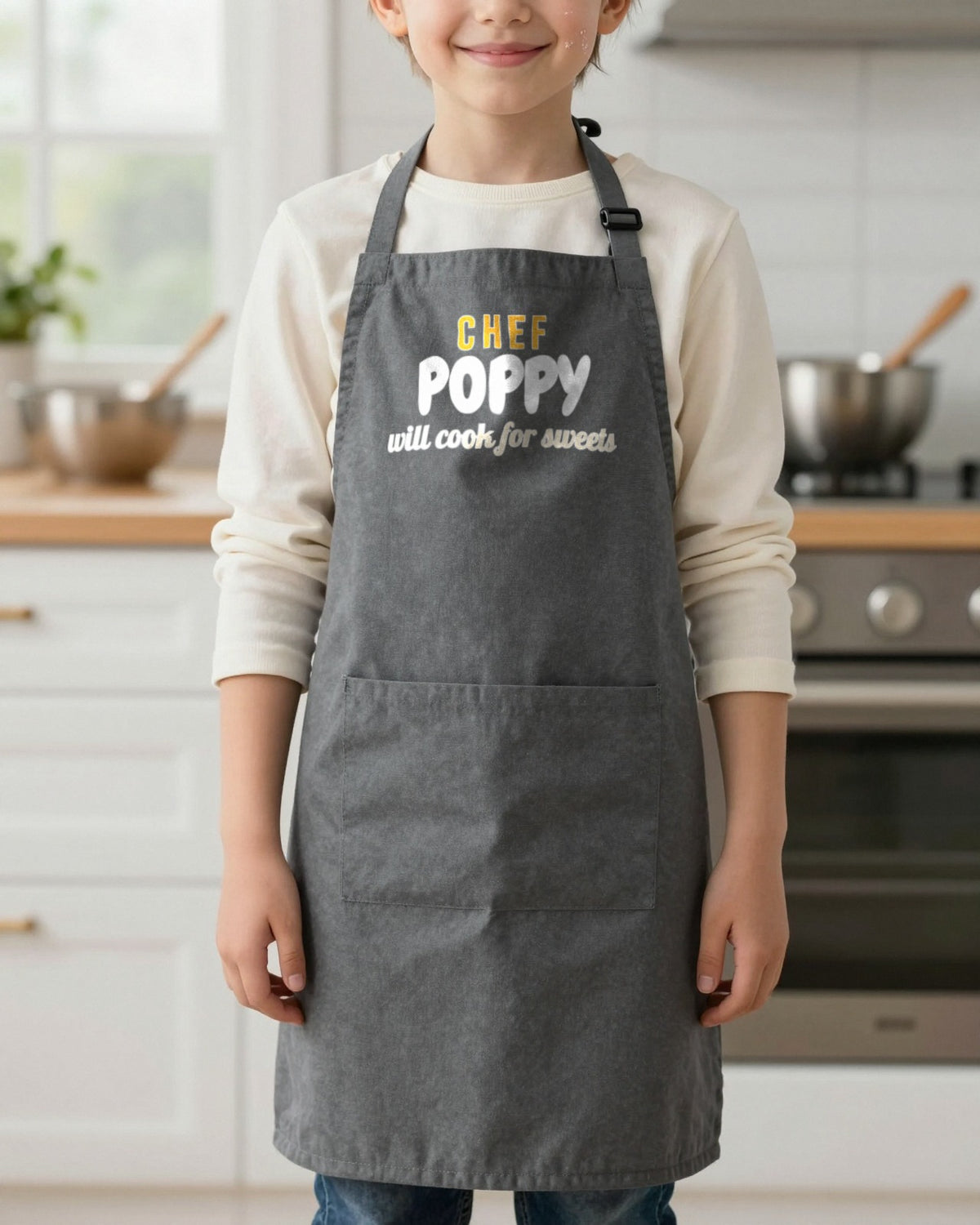 Kids Chef Name Will Cook For Sweets kids apron in Dark Grey, worn, our photo