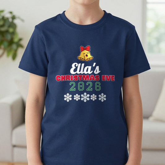 Kids Personalised Christmas Eve T-Shirt T-Shirt in Navy, worn, our photo