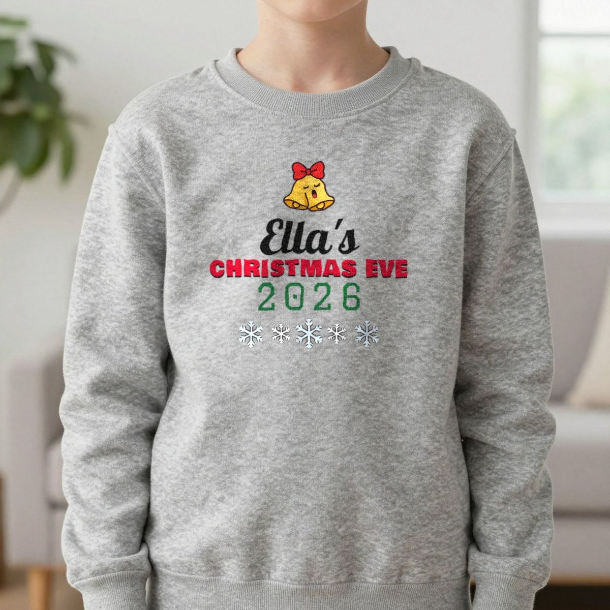 Kids Personalised Christmas Eve T-Shirt Sweatshirt in Sport Grey, worn, our photo