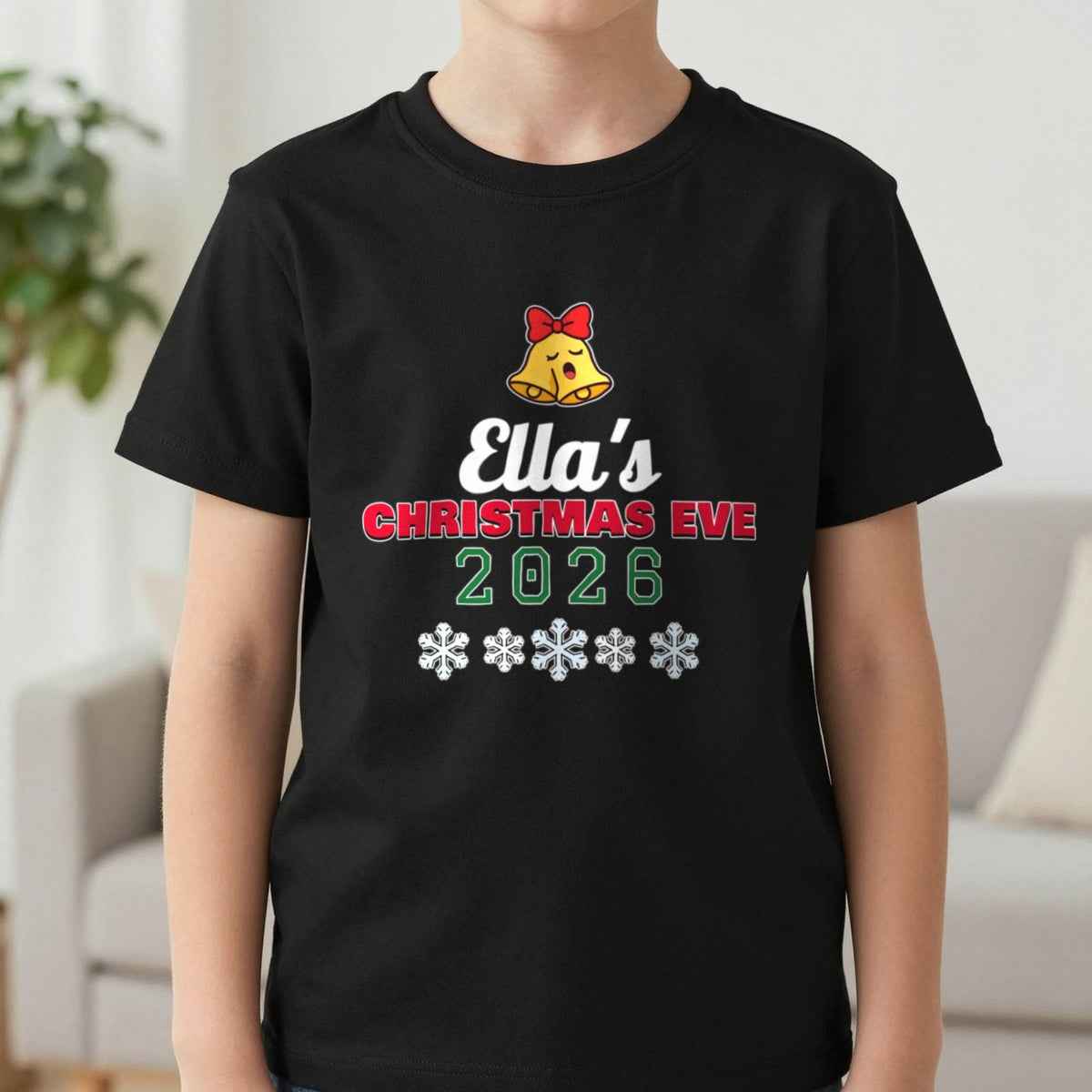 Kids Personalised Christmas Eve T-Shirt T-Shirt in Black, worn, our photo