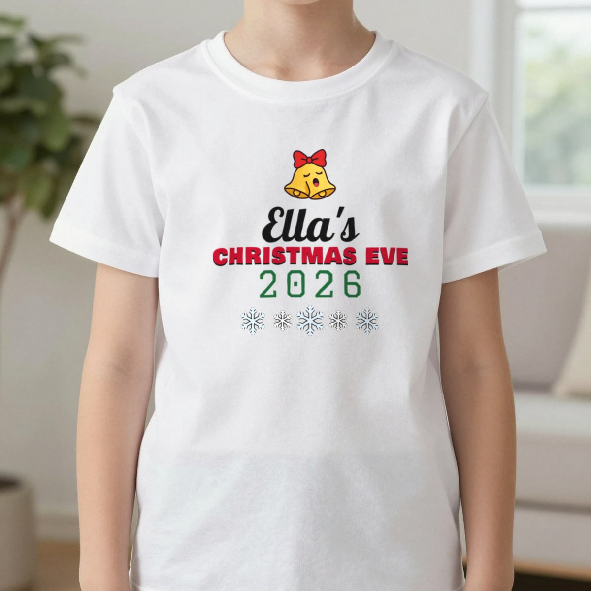 Kids Personalised Christmas Eve T-Shirt T-Shirt in White, worn, our photo