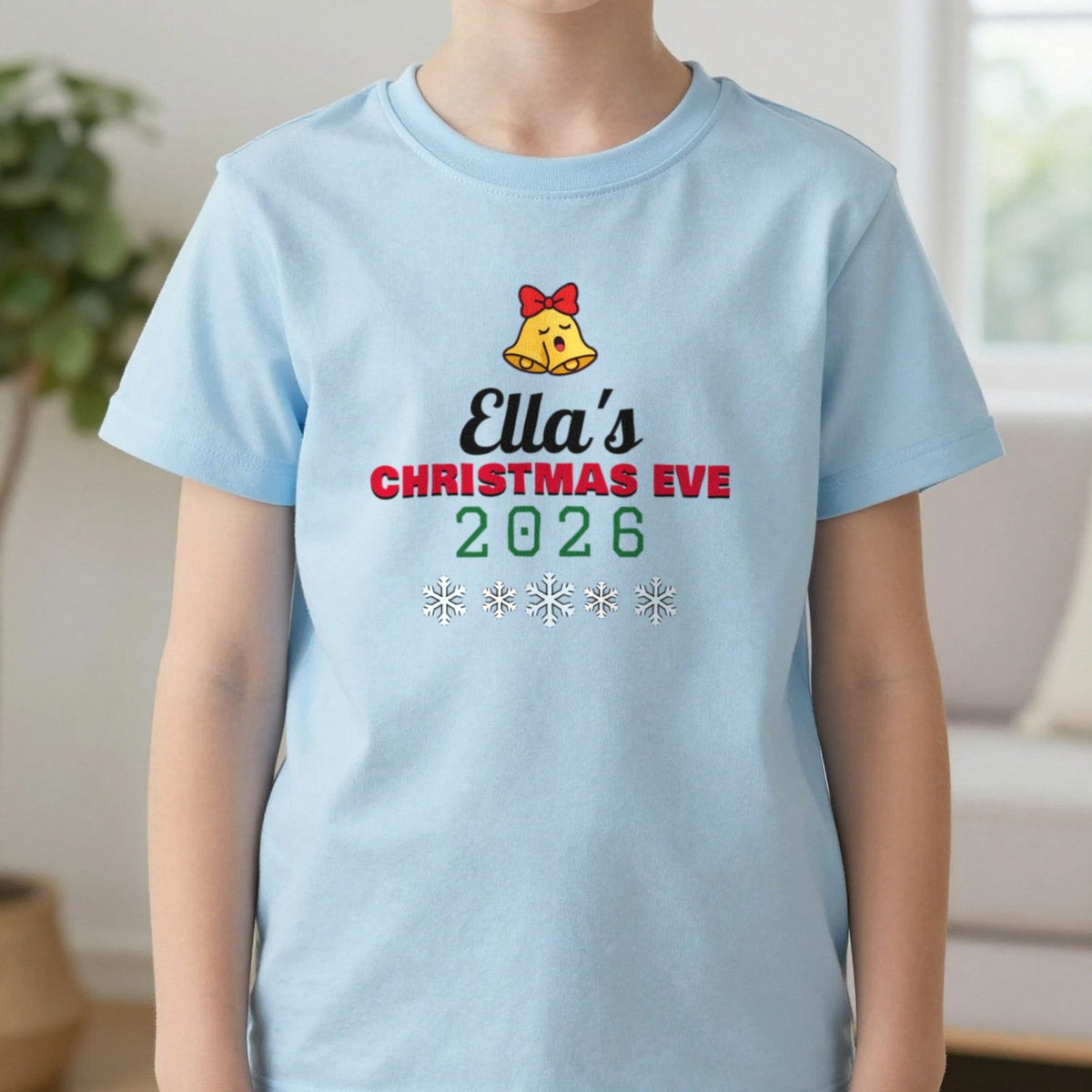 Kids Personalised Christmas Eve T-Shirt T-Shirt in Light Blue, worn, our photo