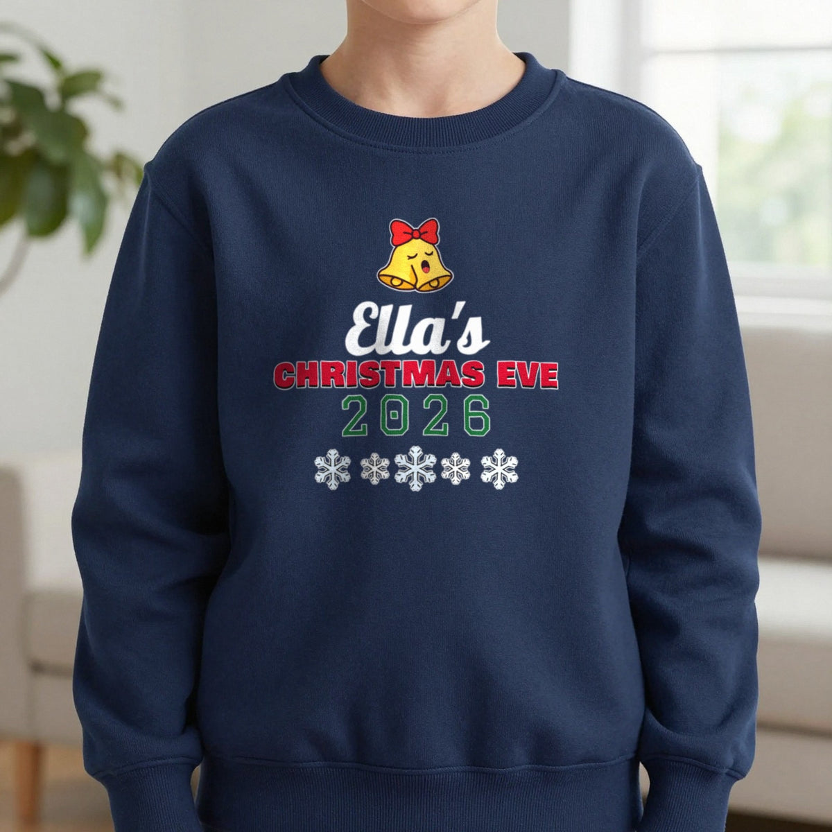 Kids Personalised Christmas Eve T-Shirt Sweatshirt in Navy, worn, our photo