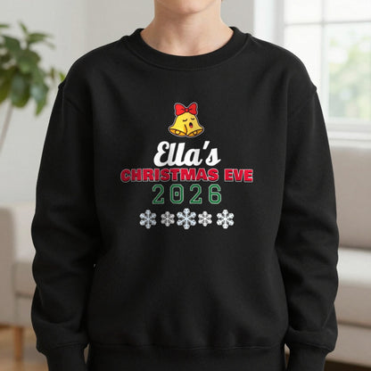 Kids Personalised Christmas Eve T-Shirt Sweatshirt in Black, worn, our photo