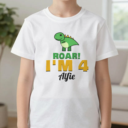 Kids Personalised Dinosaur Birthday T-Shirt T-Shirt in White, worn, our photo