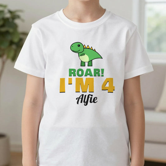 Kids Personalised Dinosaur Birthday T-Shirt T-Shirt in White, worn, our photo