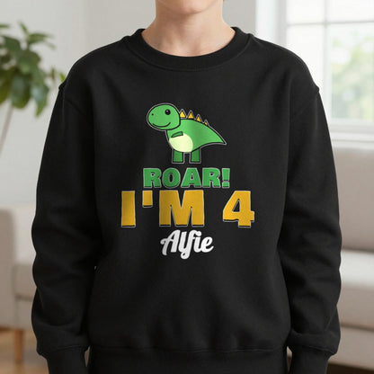 Kids Personalised Dinosaur Birthday T-Shirt Sweatshirt in Black, worn, our photo