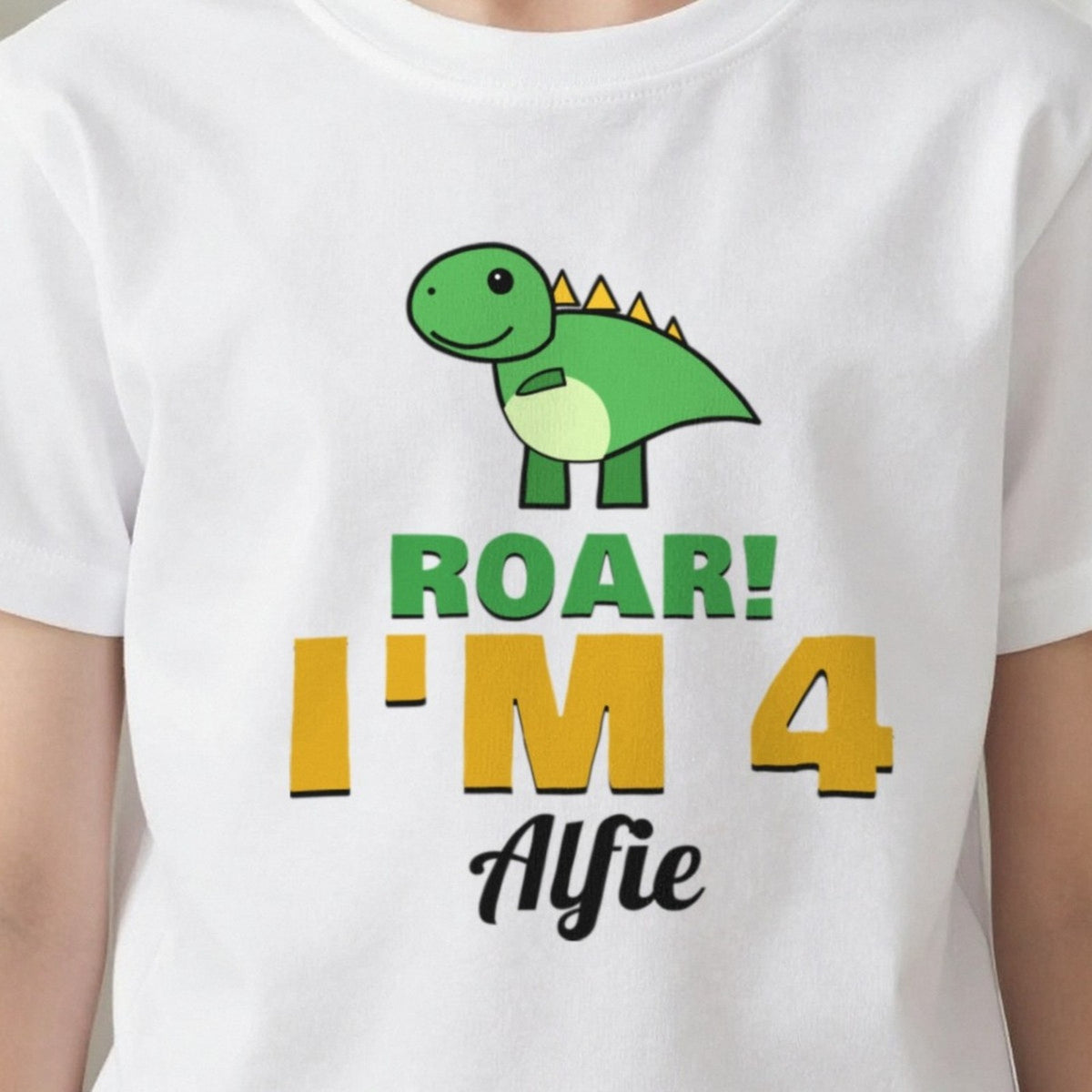 Kids Personalised Dinosaur Birthday T-Shirt print close-up, our photo