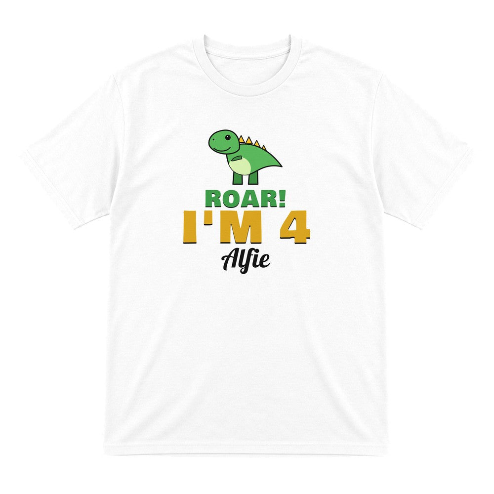 Kids Personalised Dinosaur Birthday T-Shirt laid flat