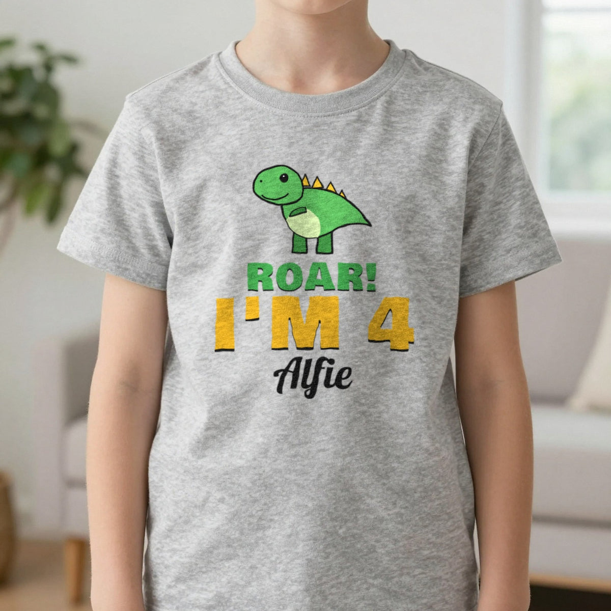 Kids Personalised Dinosaur Birthday T-Shirt T-Shirt in Sport Grey, worn, our photo