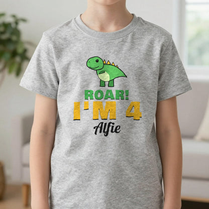 Kids Personalised Dinosaur Birthday T-Shirt T-Shirt in Sport Grey, worn, our photo