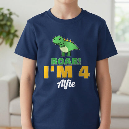 Kids Personalised Dinosaur Birthday T-Shirt T-Shirt in Navy, worn, our photo