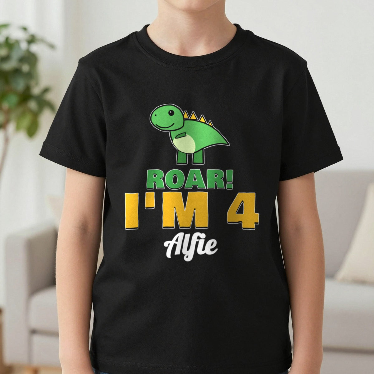 Kids Personalised Dinosaur Birthday T-Shirt T-Shirt in Black, worn, our photo