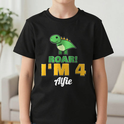 Kids Personalised Dinosaur Birthday T-Shirt T-Shirt in Black, worn, our photo