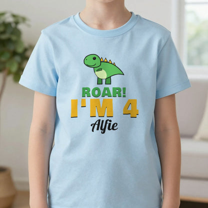Kids Personalised Dinosaur Birthday T-Shirt T-Shirt in Light Blue, worn, our photo
