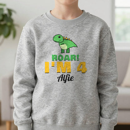 Kids Personalised Dinosaur Birthday T-Shirt Sweatshirt in Sport Grey, worn, our photo