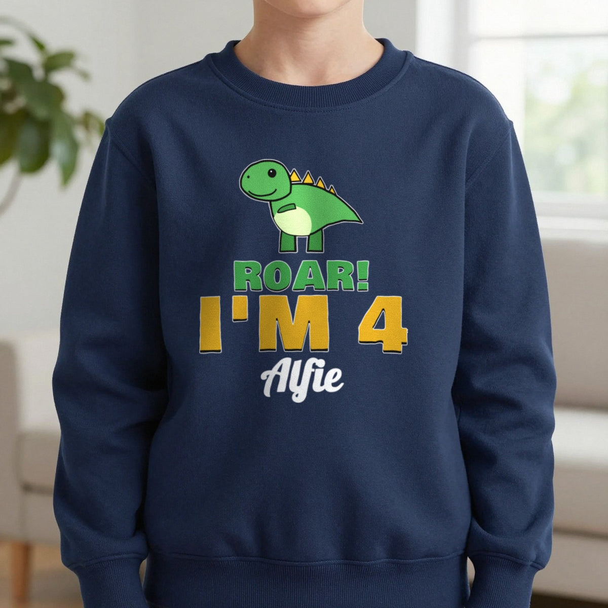 Kids Personalised Dinosaur Birthday T-Shirt Sweatshirt in Navy, worn, our photo