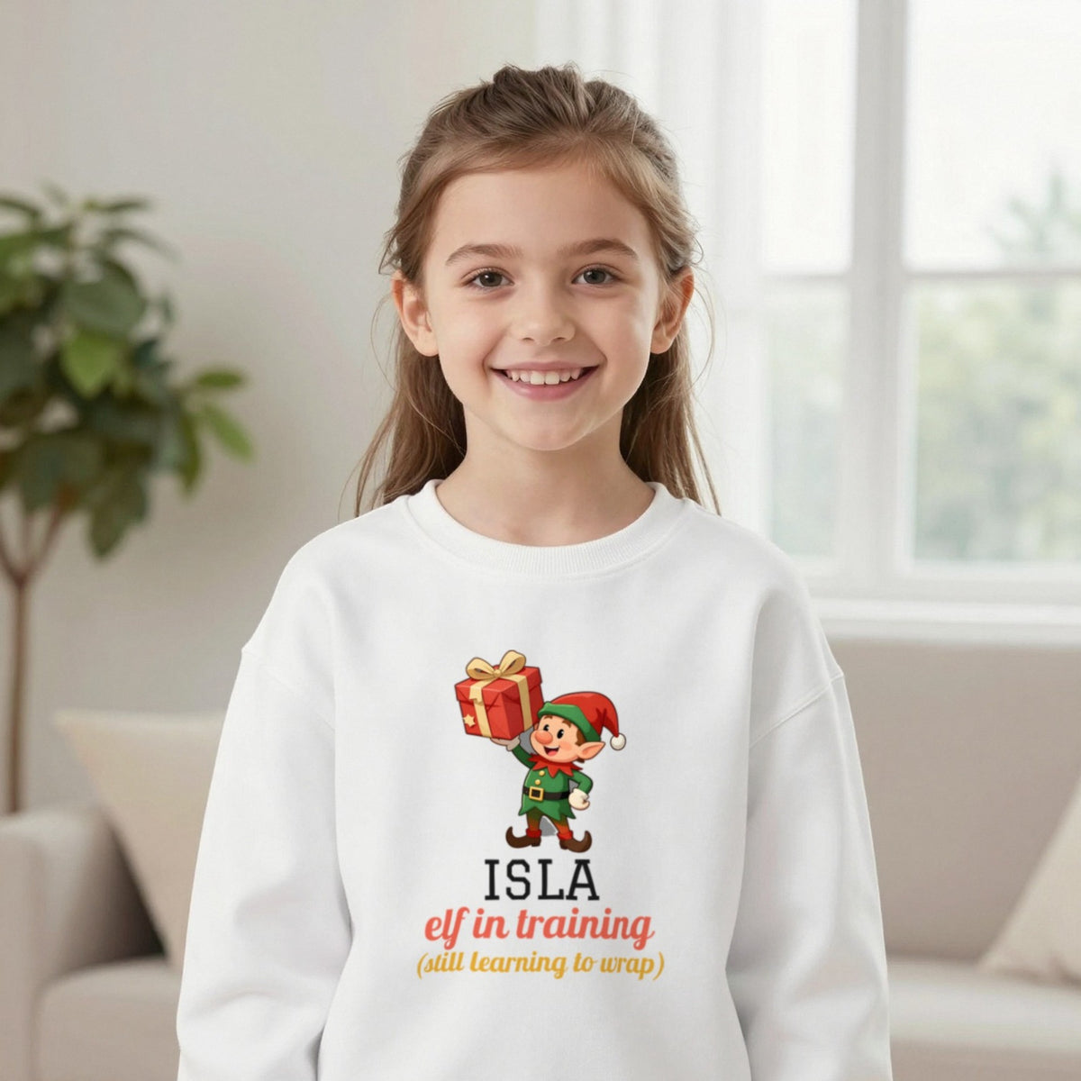 Kids Personalised Elf In Training Christmas T-Shirt & Sweatshirt Sweatshirt in White, worn, our photo