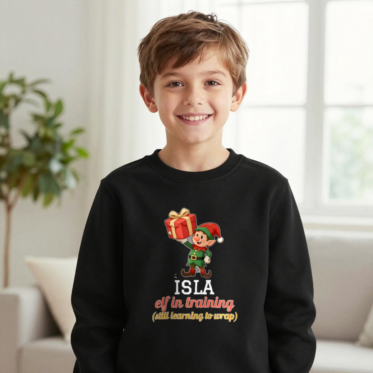 Kids Personalised Elf In Training Christmas T-Shirt & Sweatshirt Sweatshirt in Black, worn, our photo