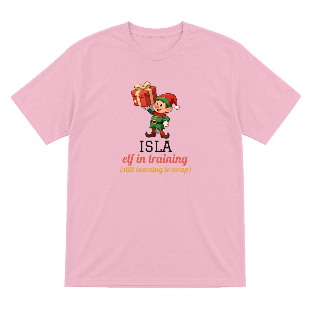 Kids Personalised Elf In Training Christmas T-Shirt & Sweatshirt laid flat