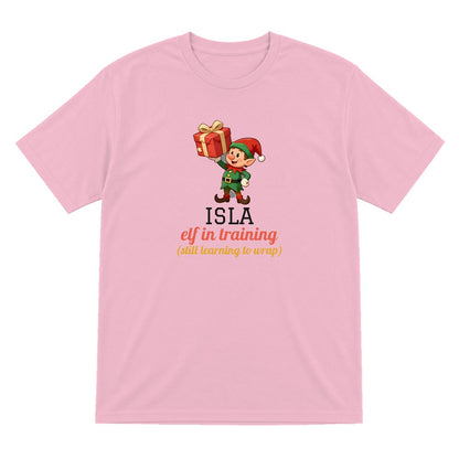 Kids Personalised Elf In Training Christmas T-Shirt & Sweatshirt laid flat