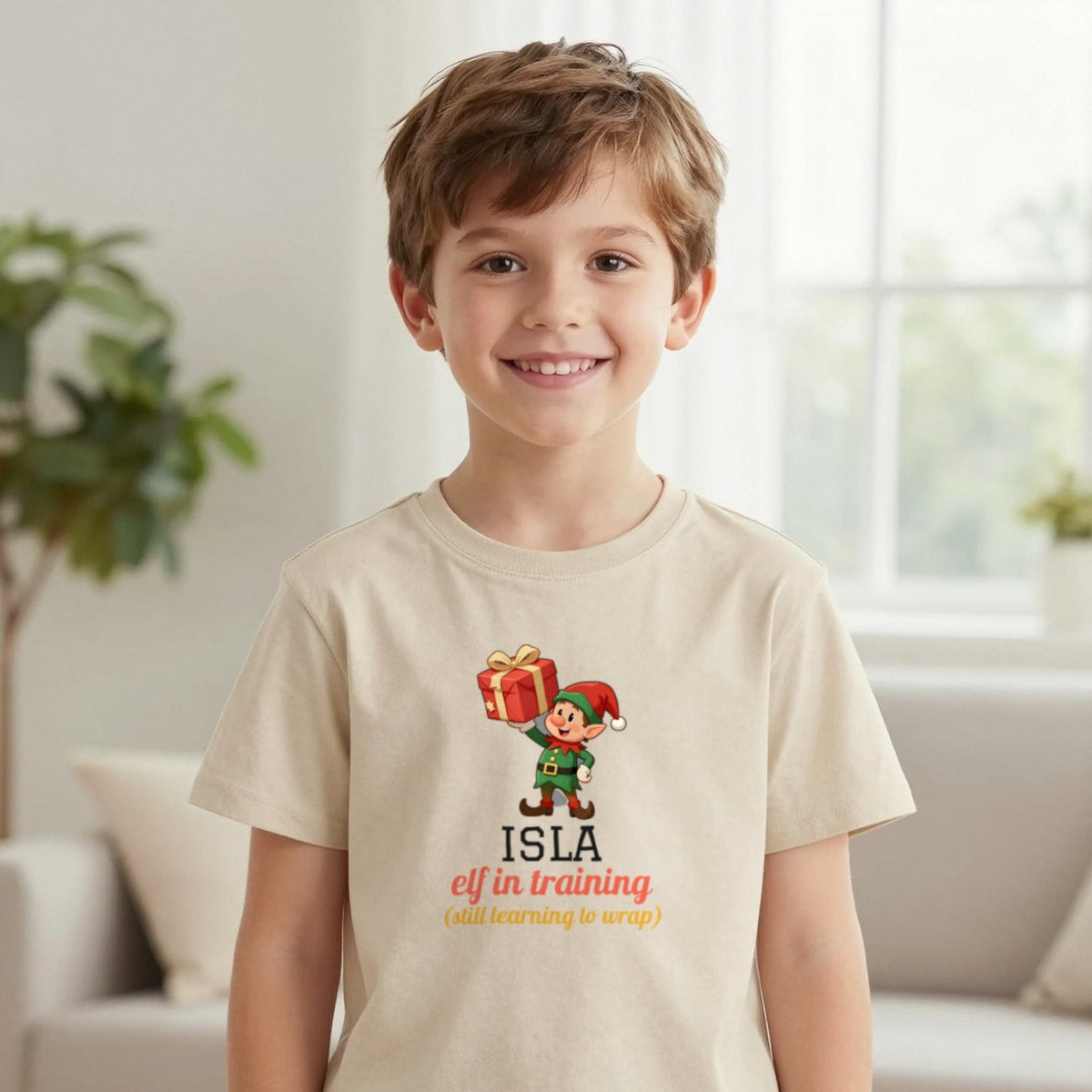 Kids Personalised Elf In Training Christmas T-Shirt & Sweatshirt T-Shirt in Sand, worn, our photo
