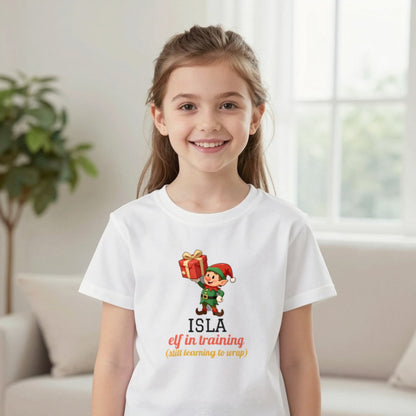 Kids Personalised Elf In Training Christmas T-Shirt & Sweatshirt T-Shirt in White, worn, our photo