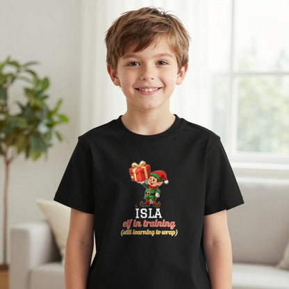 Kids Personalised Elf In Training Christmas T-Shirt & Sweatshirt T-Shirt in Black, worn, our photo