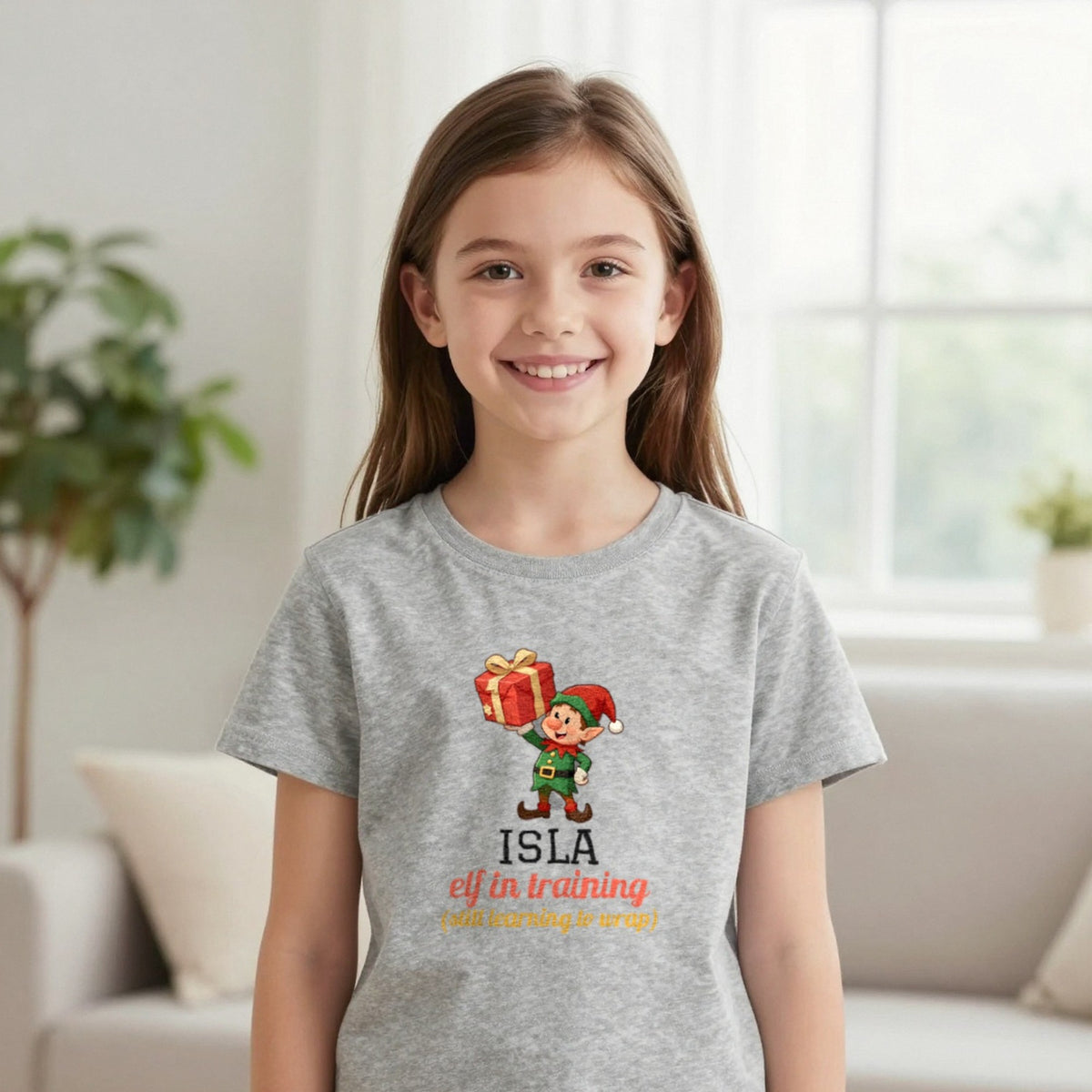 Kids Personalised Elf In Training Christmas T-Shirt & Sweatshirt T-Shirt in Sport Grey, worn, our photo