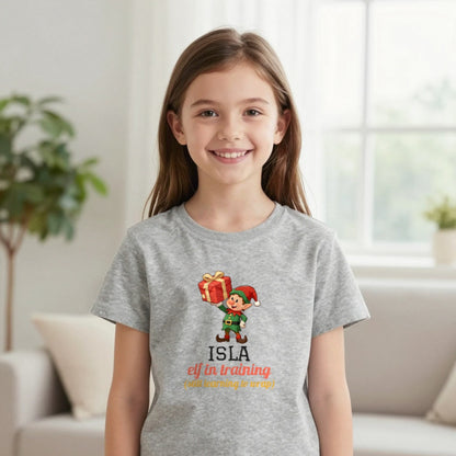 Kids Personalised Elf In Training Christmas T-Shirt & Sweatshirt T-Shirt in Sport Grey, worn, our photo