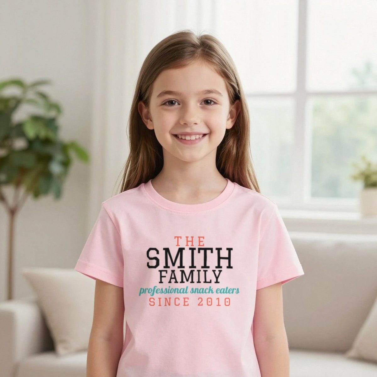 Kids Personalised Family Surname T-Shirt & Sweatshirt T-Shirt in Light Pink, worn, our photo