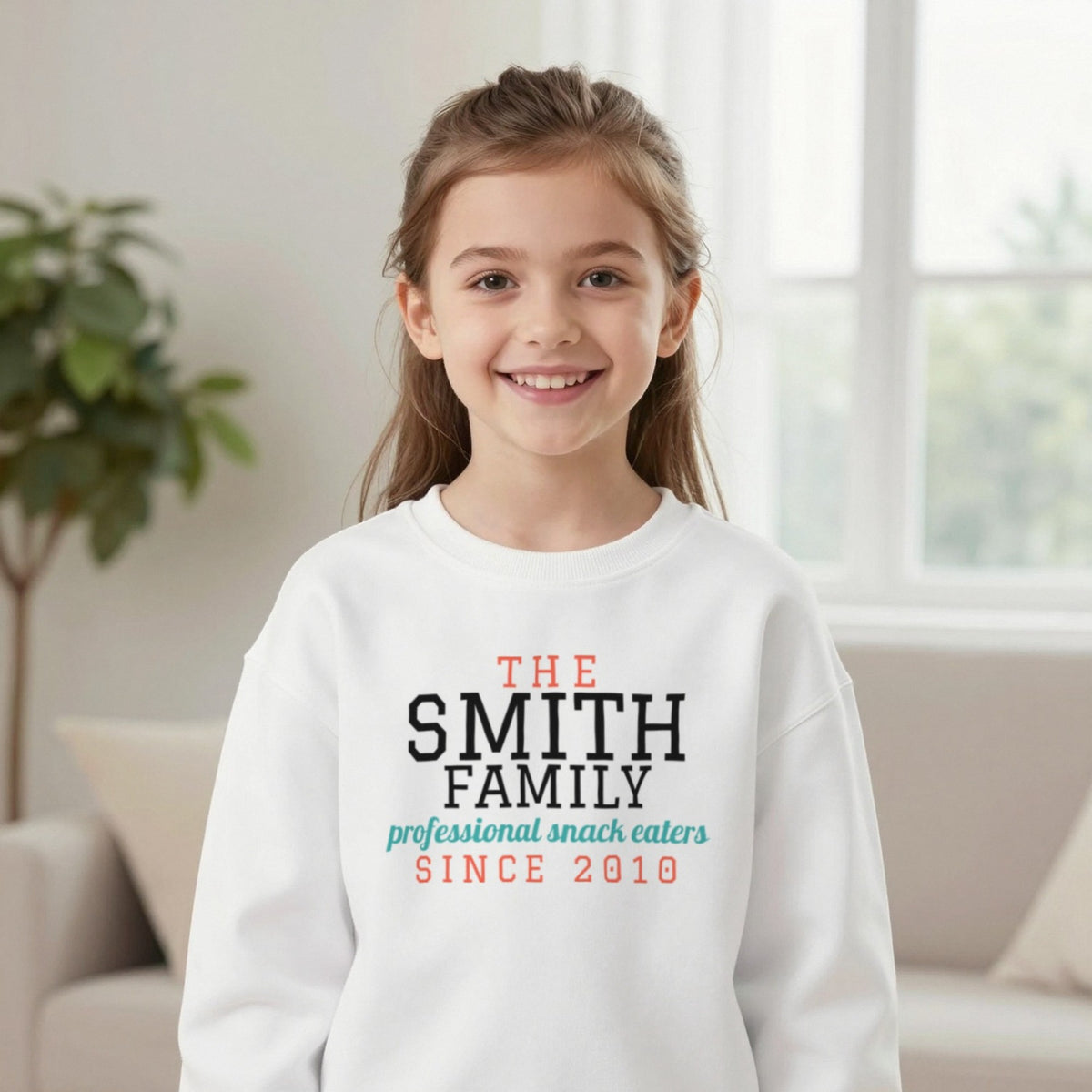 Kids Personalised Family Surname T-Shirt & Sweatshirt Sweatshirt in White, worn, our photo