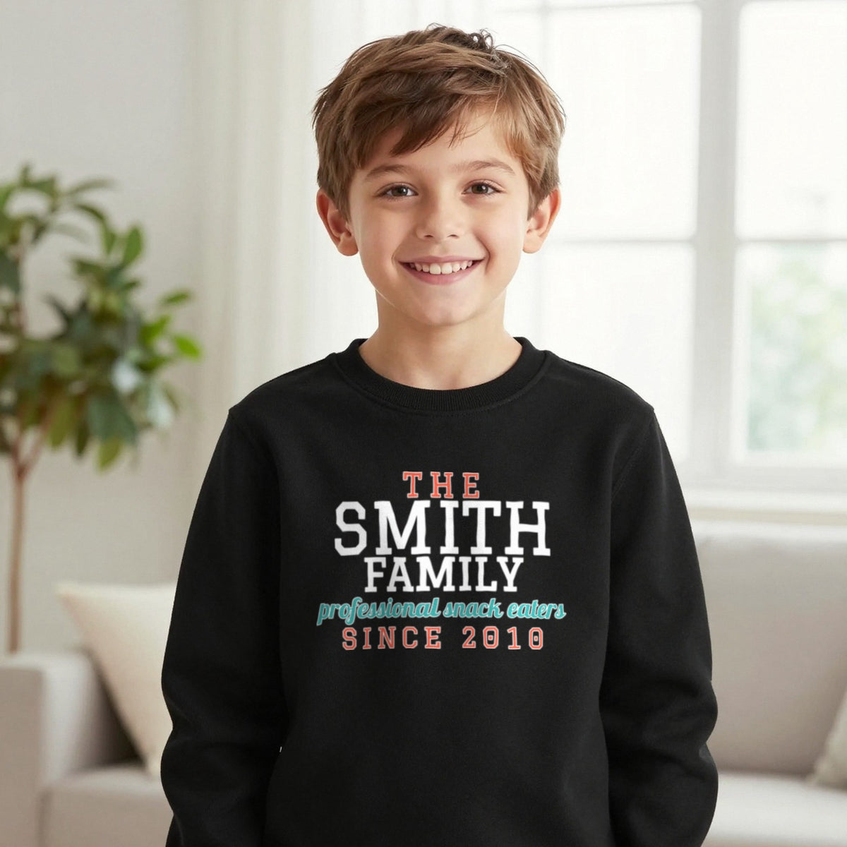 Kids Personalised Family Surname T-Shirt & Sweatshirt Sweatshirt in Black, worn, our photo