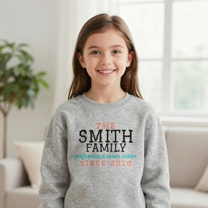 Kids Personalised Family Surname T-Shirt & Sweatshirt Sweatshirt in Sport Grey, worn, our photo