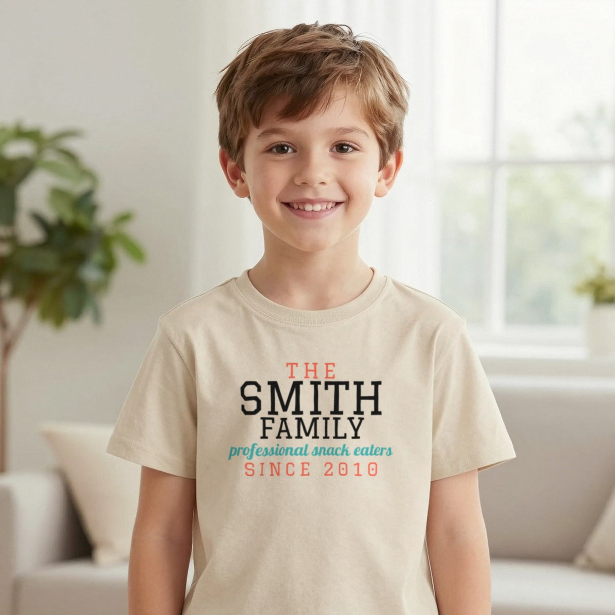Kids Personalised Family Surname T-Shirt & Sweatshirt T-Shirt in Sand, worn, our photo