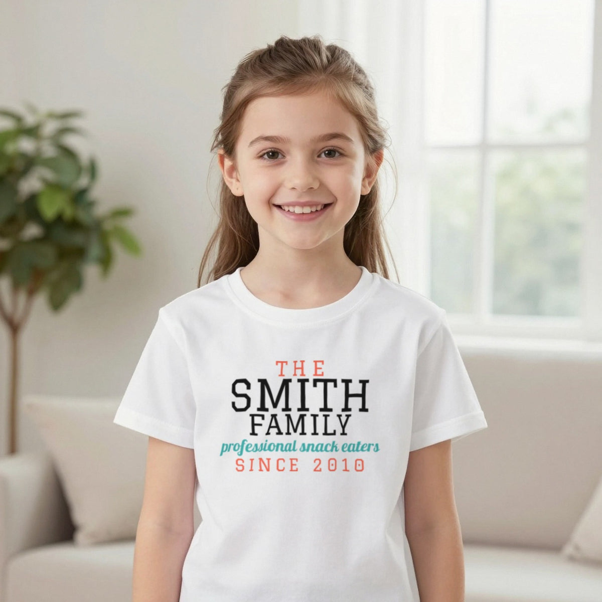 Kids Personalised Family Surname T-Shirt & Sweatshirt T-Shirt in White, worn, our photo