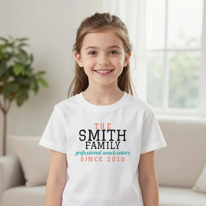 Kids Personalised Family Surname T-Shirt & Sweatshirt T-Shirt in White, worn, our photo
