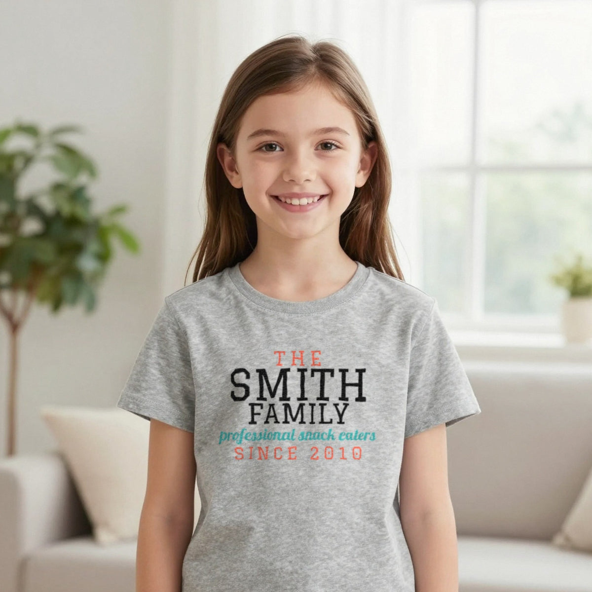 Kids Personalised Family Surname T-Shirt & Sweatshirt T-Shirt in Sport Grey, worn, our photo