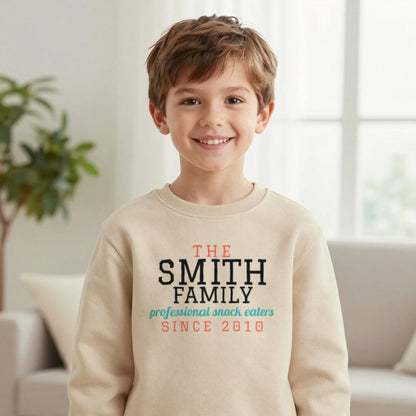 Kids Personalised Family Surname T-Shirt & Sweatshirt Sweatshirt in Sand, worn, our photo