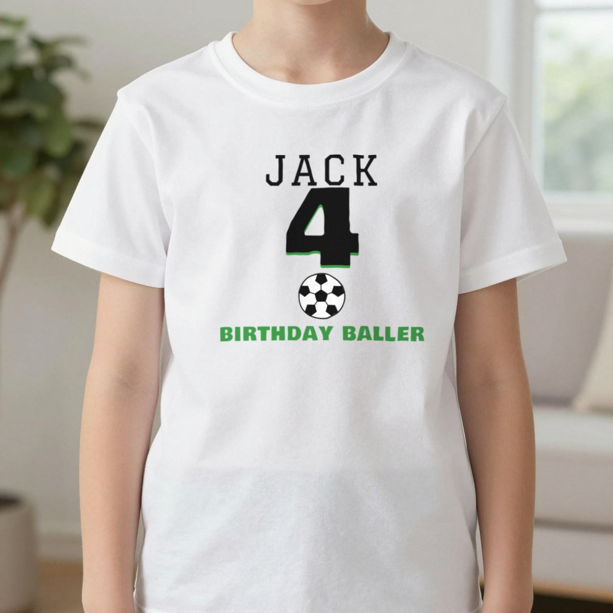 Kids Personalised Football Birthday T-Shirt T-Shirt in White, worn, our photo